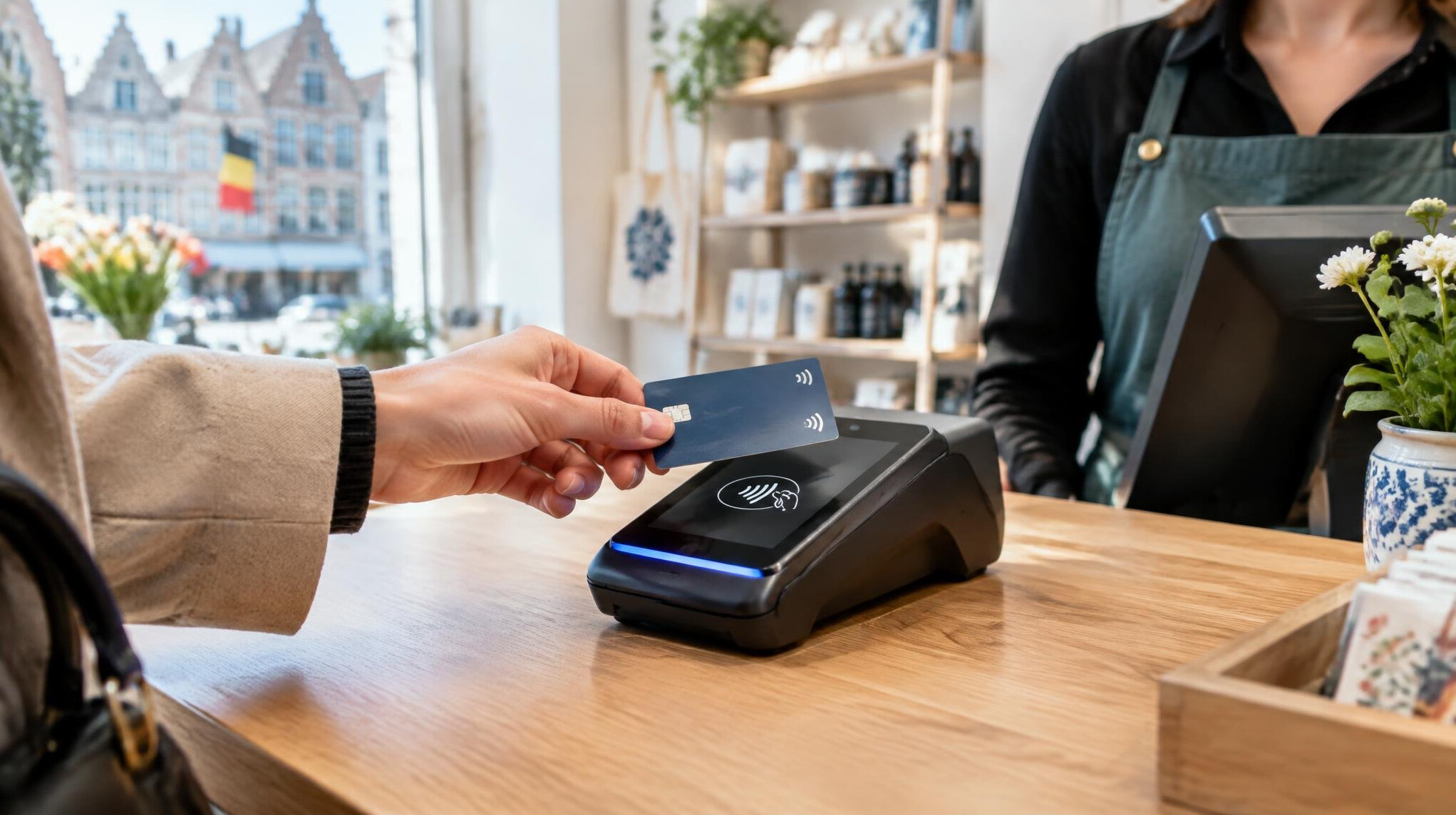 Customer paying with a contactless card at a modern point-of-sale terminal